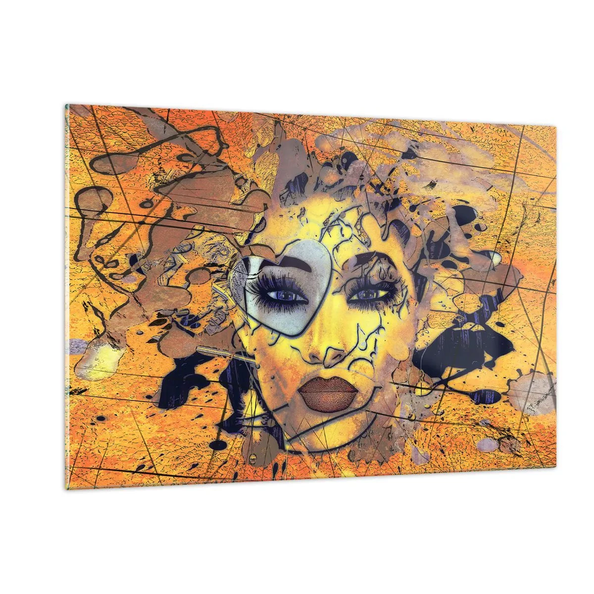 Obraz na szkle - Abstrakcyjna twarz kobiety w złoto-pomarańczowych tonach - 120x80cm - Słoneczna piękność - Nowoczesna dekoracja ścienna do salonu, kuchni i sypialni ARTTOR