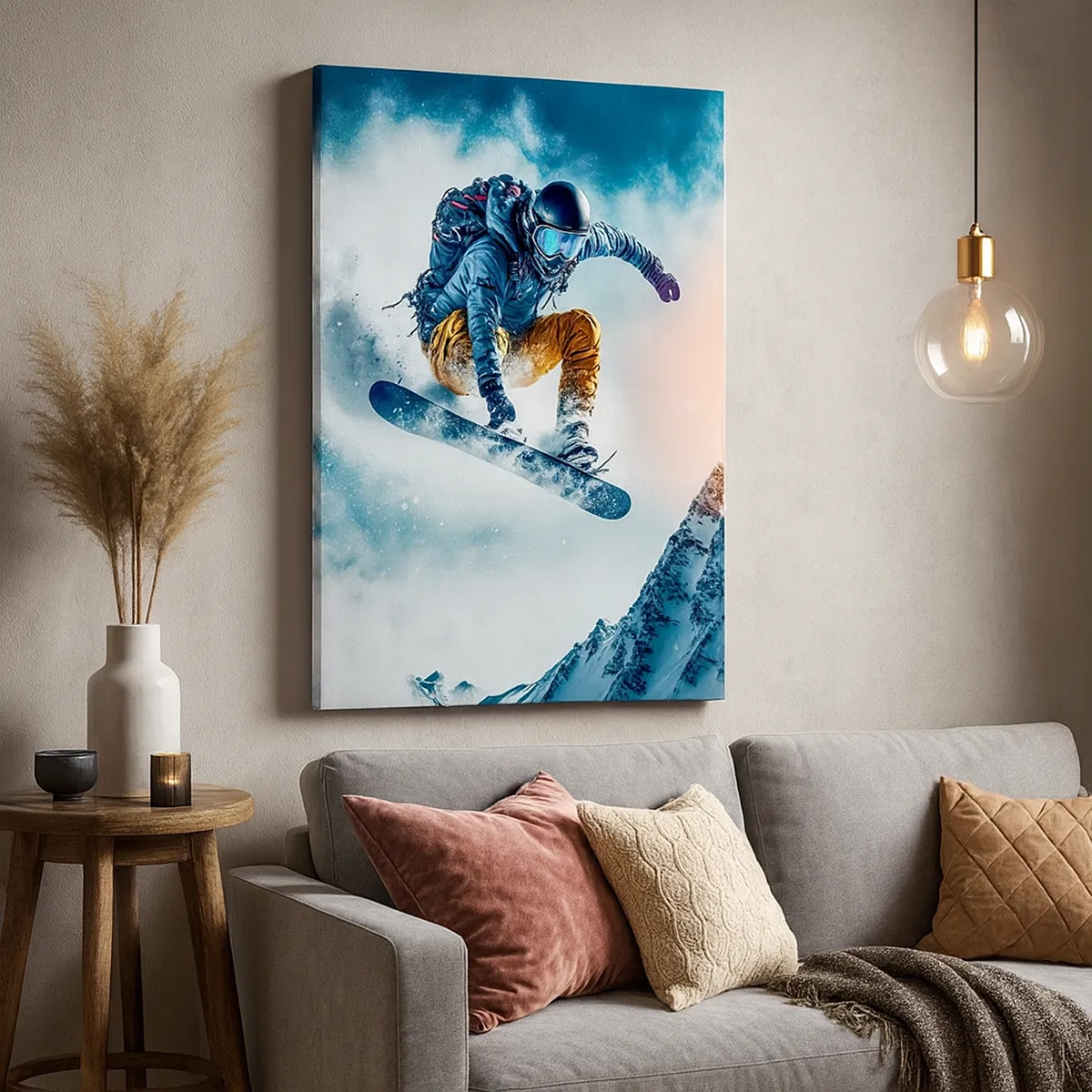 Obraz na płótnie - Snowboardzista skaczący nad ośnieżonym szczytem górskim - 50x70cm - Ekstremalne emocje - Nowoczesna dekoracja ścienna do salonu, kuchni i sypialni ARTTOR