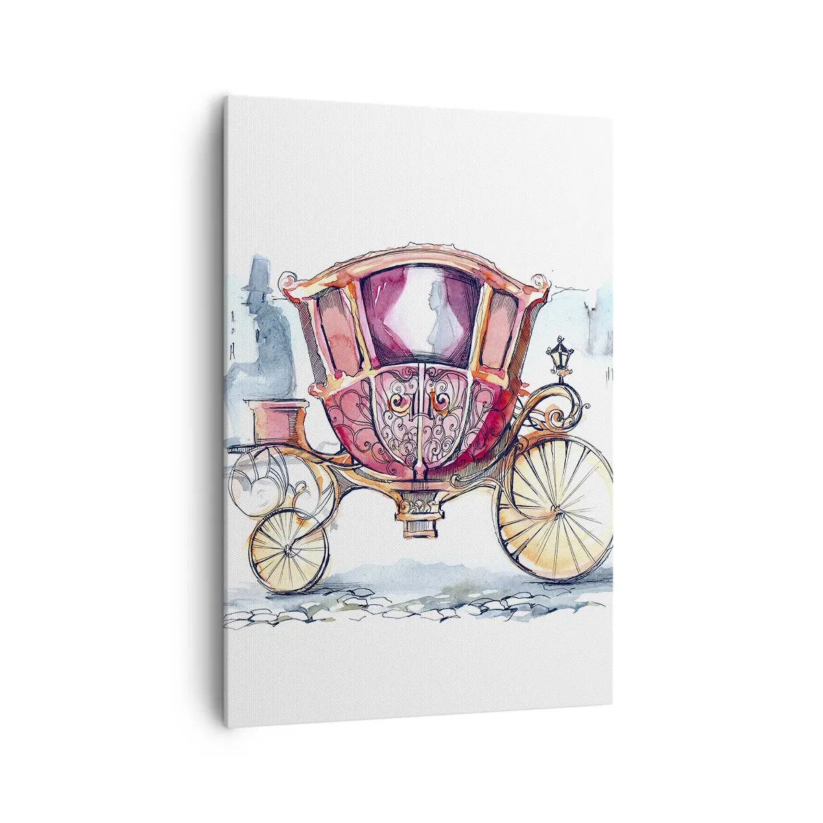 Obraz na płótnie - Stylowa ilustracja zabytkowej karety w pastelowych kolorach - 70x100cm - Do ślubu czy na bal? - Nowoczesna dekoracja ścienna do salonu i sypialni ARTTOR