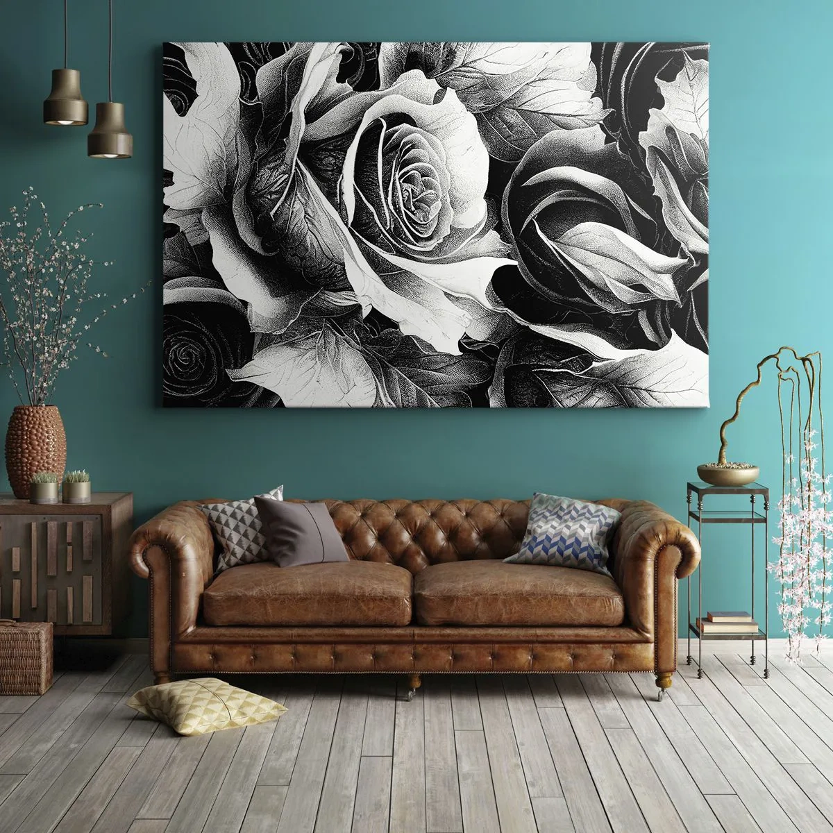 Obraz na płótnie - Czarno-białe róże w eleganckiej kompozycji - 70x50cm - Zawsze królowa - Nowoczesna dekoracja ścienna do salonu i sypialni ARTTOR