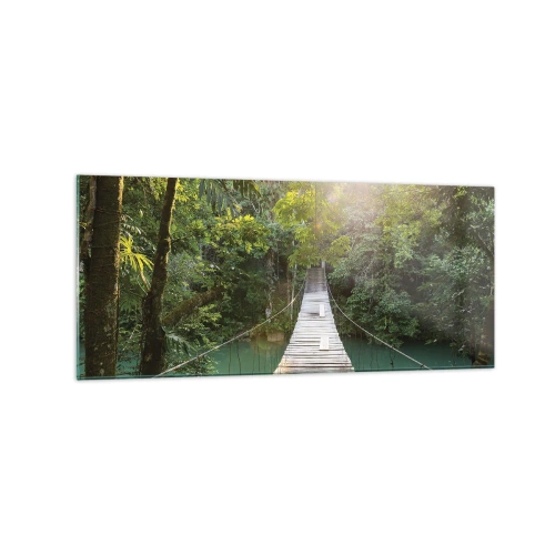 Obraz na szkle - Wiszący most w tropikalnym lesie oświetlony promieniami słońca - 120x50cm - Nad lazurową wodą do lazurowego lasu - Nowoczesna dekoracja ścienna do salonu i sypialni ARTTOR