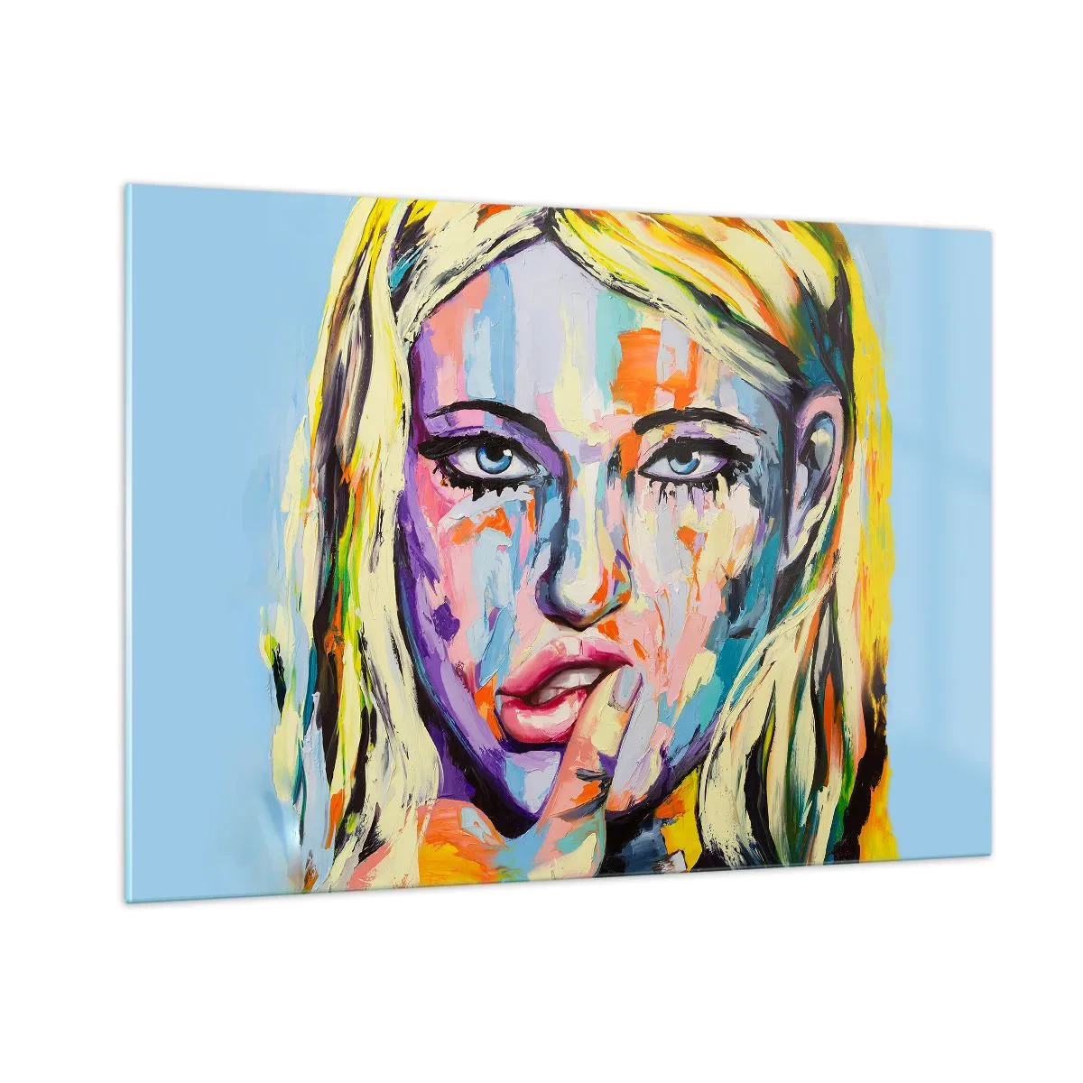 Obraz na szkle - Kolorowy portret kobiety z wyrazem zamyślenia - 100x70cm - Spójrz jej prosto w oczy - Nowoczesna dekoracja ścienna do salonu, kuchni i sypialni ARTTOR