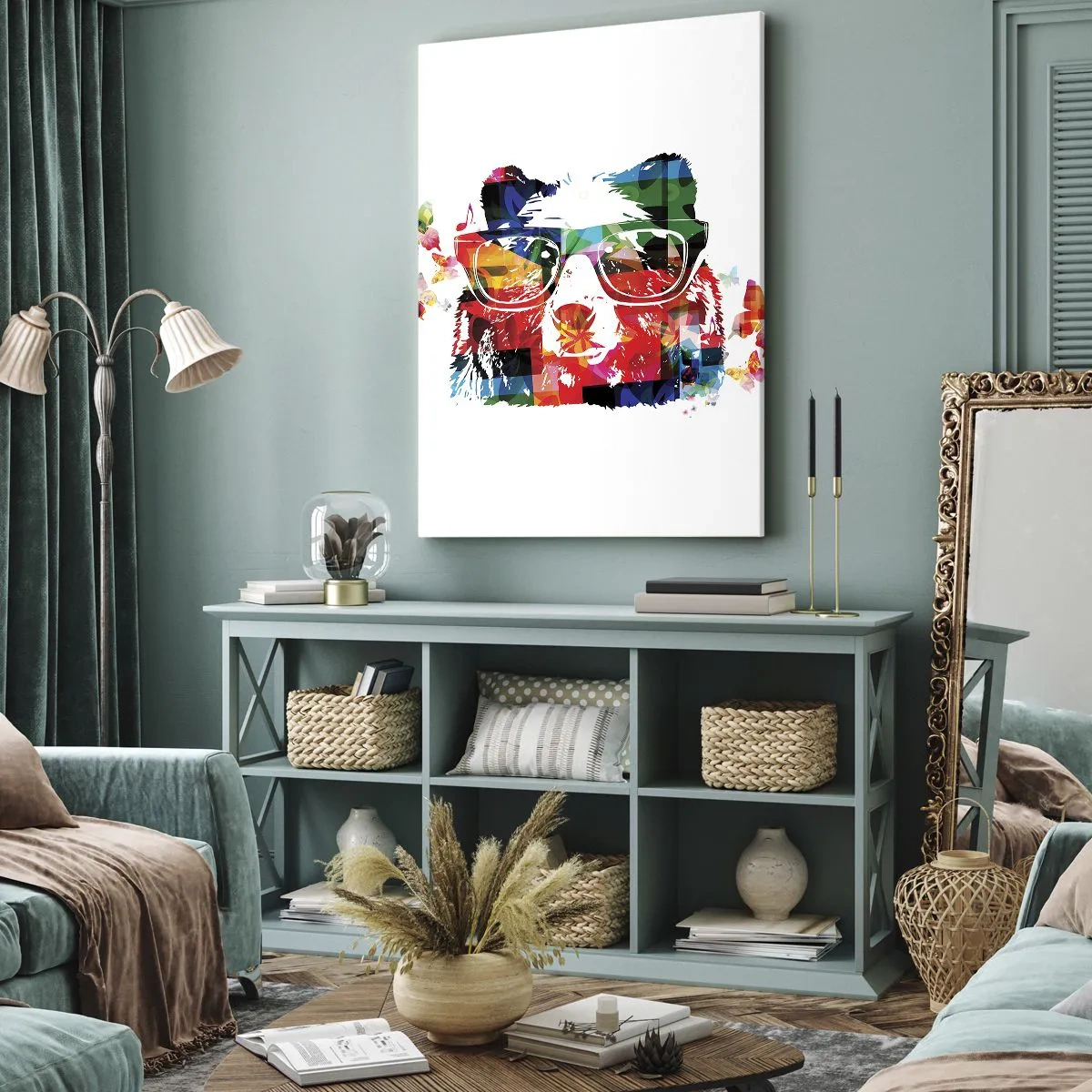Obraz na płótnie - Abstrakcyjny miś z kolorowymi geometria i okularami, pełen energii i radości - 50x70cm - Podoba misie! - Nowoczesna dekoracja ścienna do salonu, kuchni i sypialni ARTTOR