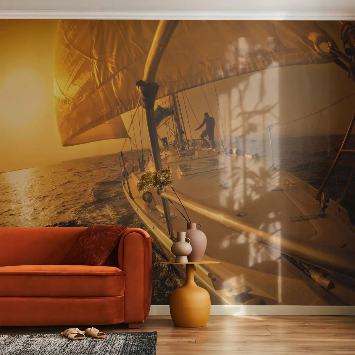 Fototapeta Premium Sand - Żaglówka na morzu o zachodzie słońca - 100x70cm - Złoty wieczór po wielobarwnym dniu - Nowoczesna dekoracja ścienna do salonu, kuchni i sypialni ARTTOR