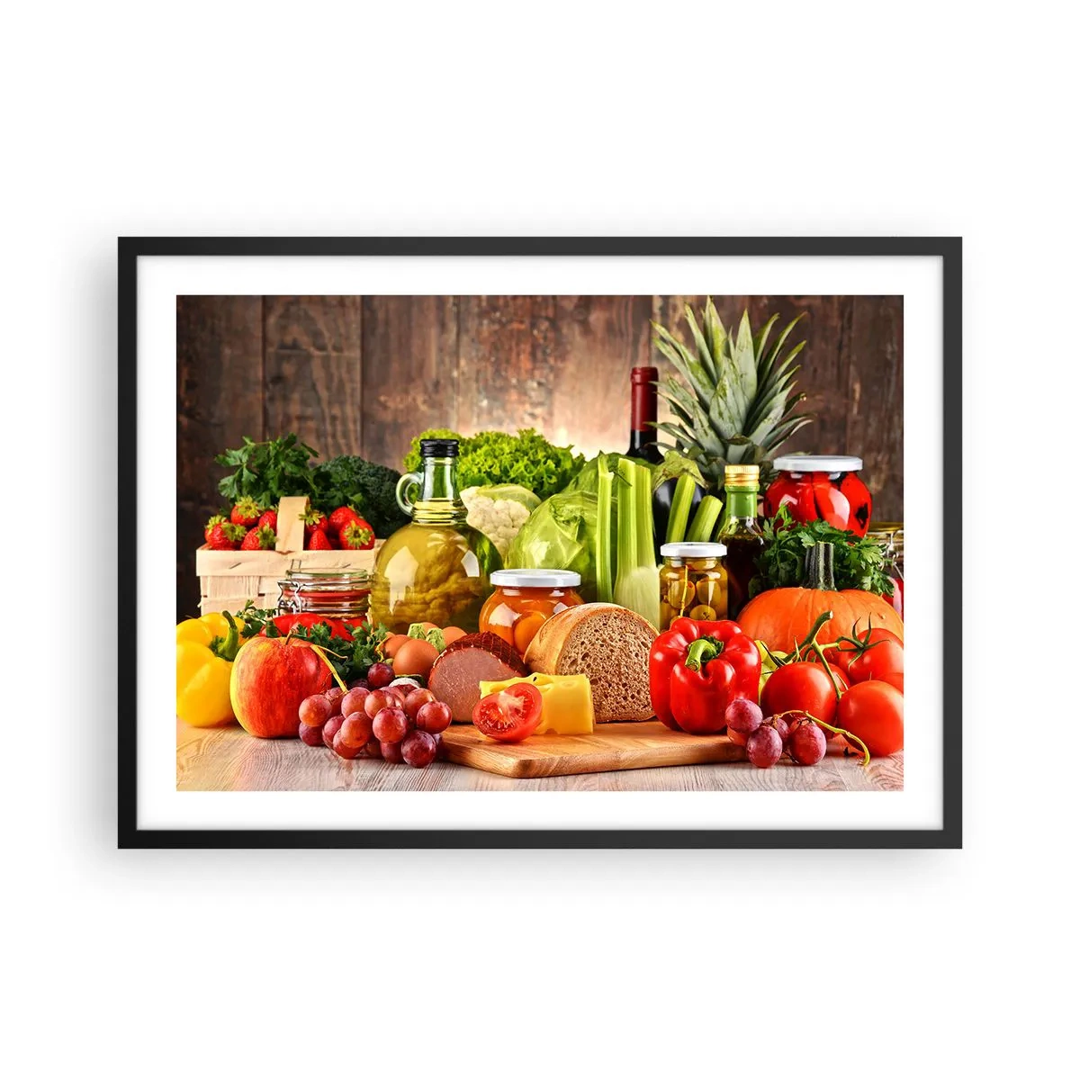 Plakat w czarnej ramie - Kolorowe owoce, warzywa i produkty spożywcze - 70x50cm - Wędzone, pieczone, marynowane - Nowoczesna dekoracja ścienna do salonu i sypialni ARTTOR