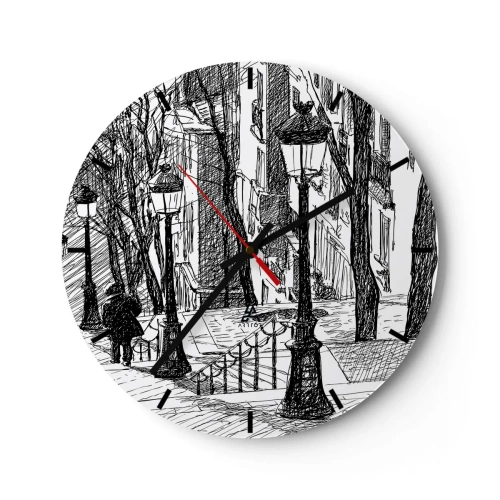 Zegar ścienny - Czarno-biały rysunek uliczki z latarniami i spacerującą postacią - 30x30cm - Historia miłosna czy opowieśc grozy? - Nowoczesna dekoracja ścienna do salonu, kuchni i sypialni ARTTOR