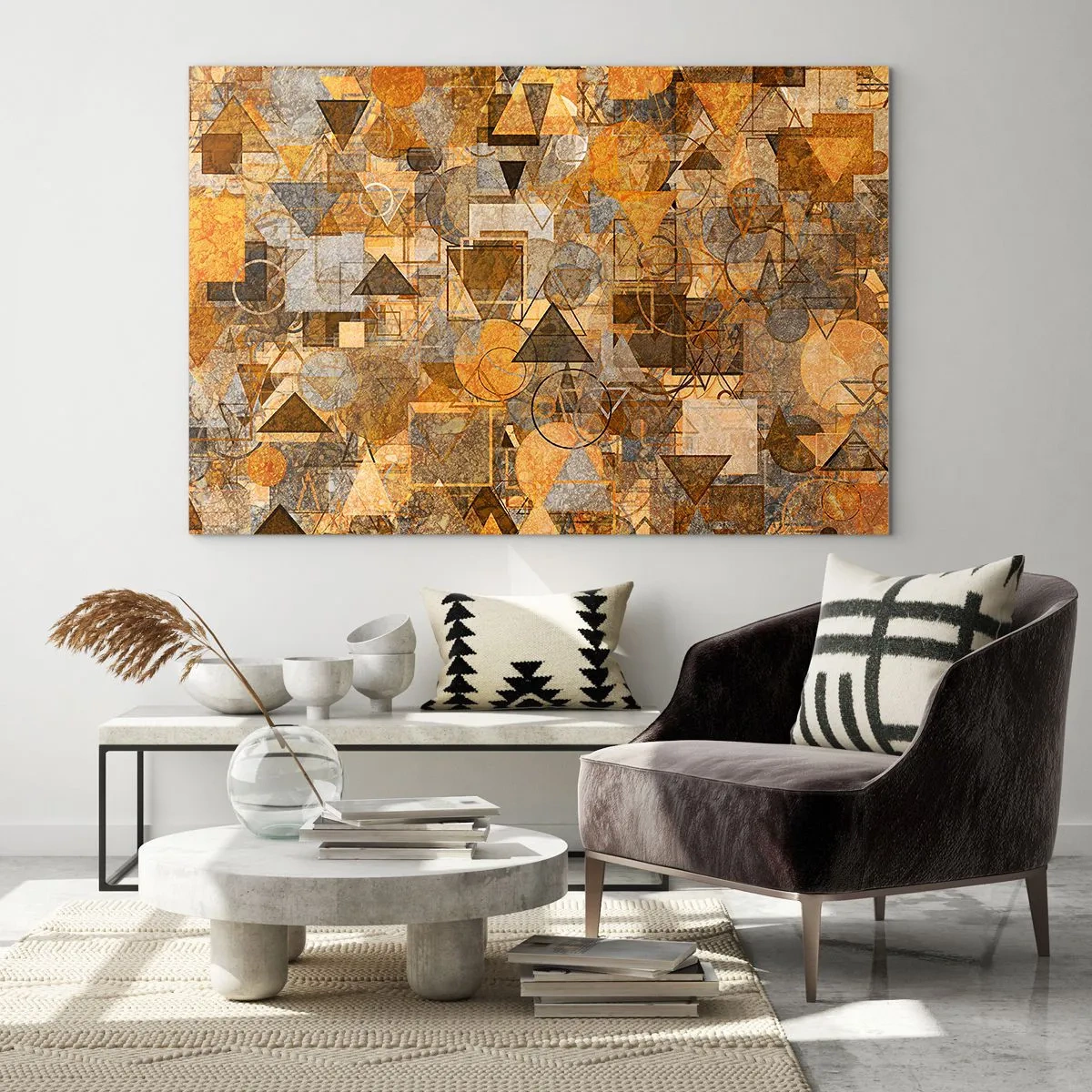 Obraz na szkle - Abstrakcyjna kompozycja geometryczna w ciepłych tonacjach - 70x50cm - Świat ujęty w formę - Nowoczesna dekoracja ścienna do salonu i sypialni ARTTOR