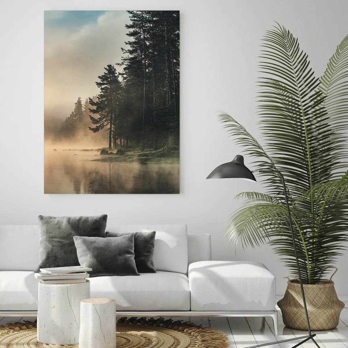 Obraz na szkle - Mglisty las nad spokojnym jeziorem - 70x100cm - Narodziny dnia - Nowoczesna dekoracja ścienna do salonu i sypialni ARTTOR