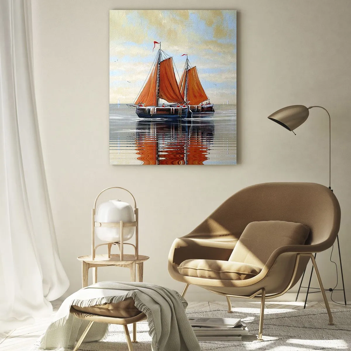Obraz na szkle - Żaglowce na spokojnym morzu o zachodzie słońca - 50x70cm - Hej, żeglujże, żeglarzu… - Nowoczesna dekoracja ścienna do salonu, kuchni i sypialni ARTTOR