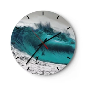 Zegar ścienny - Surfer na tle gigantycznej turkusowej fali - 30x30cm - Wyzwanie przyjęte - Nowoczesna dekoracja ścienna do salonu, kuchni i sypialni ARTTOR