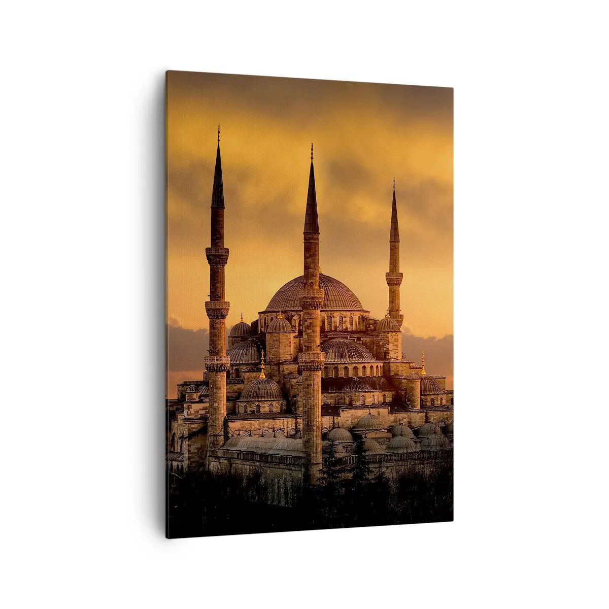 Obraz na płótnie - Meczet o zachodzie słońca w ciepłych barwach - 70x100cm - Bóg jest wielki - Nowoczesna dekoracja ścienna do salonu i sypialni ARTTOR