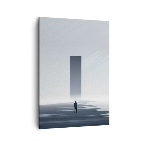 Obraz na płótnie - Minimalistyczna scena z samotną postacią i tajemniczym monolitem w mgle - 50x70cm - Szansa czy zagrożenie? - Nowoczesna dekoracja ścienna do salonu, kuchni i sypialni ARTTOR