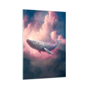 Obraz na szkle - Wieloryb unoszący się w chmurach o zachodzie słońca - 70x100cm - Przetrzyj oczy - Nowoczesna dekoracja ścienna do salonu i sypialni ARTTOR