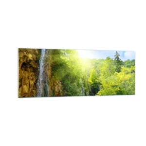 Obraz na szkle - Wodospad spływający do turkusowego jeziora otoczonego zielenią - 140x50cm - To musi być Eden - Nowoczesna dekoracja ścienna do salonu i sypialni ARTTOR