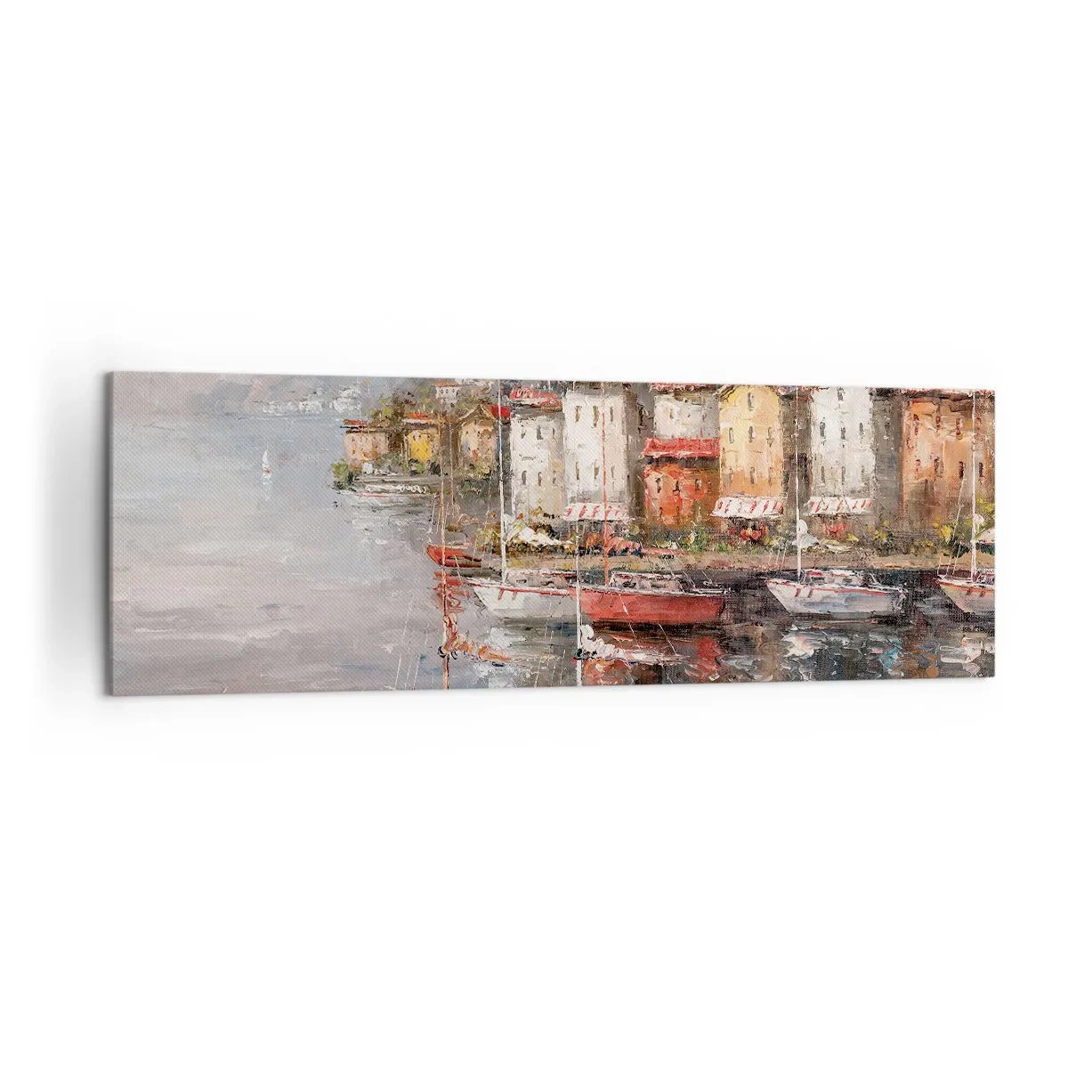 Obraz na płótnie - Nadmorska sceneria z łodziami i kolorowymi domami - 160x50cm - Romantyczna przystań - Nowoczesna dekoracja ścienna do salonu i sypialni ARTTOR
