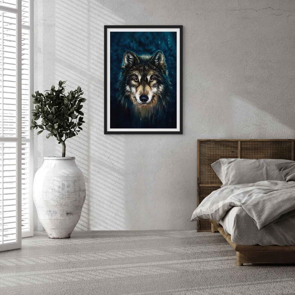Plakat w czarnej ramie - Portret wilka w ciemnej, artystycznej tonacji - 50x70cm - Alfa? I omega - Nowoczesna dekoracja ścienna do salonu i sypialni ARTTOR