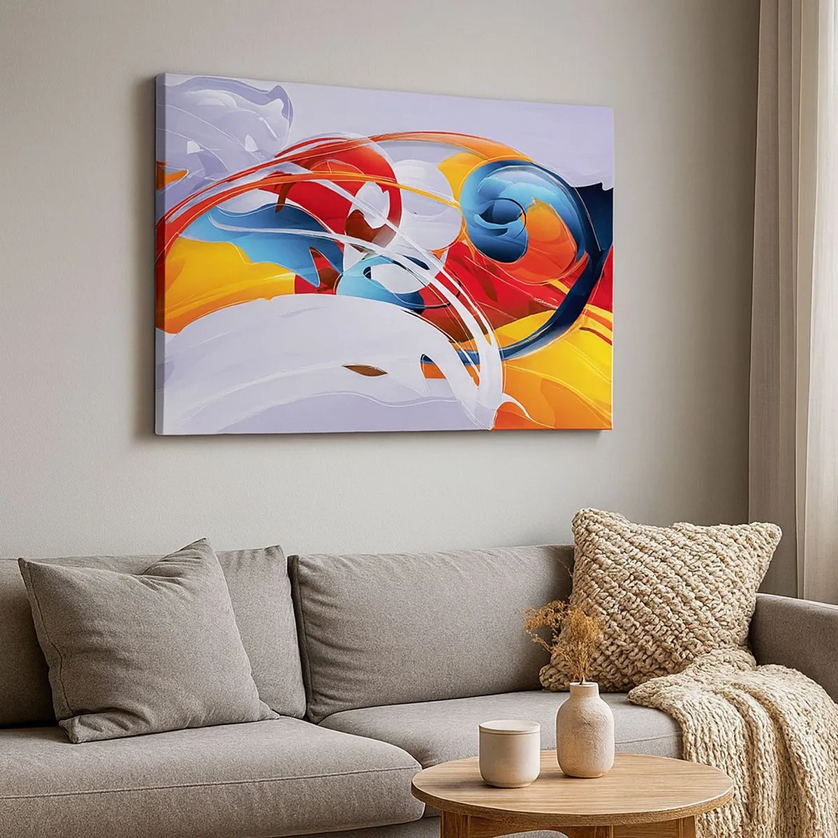 Obraz na płótnie - Kolorowa abstrakcja z dynamicznymi liniami i żywymi barwami - 70x50cm - Taniec żywiołów - Nowoczesna dekoracja ścienna do salonu i sypialni ARTTOR