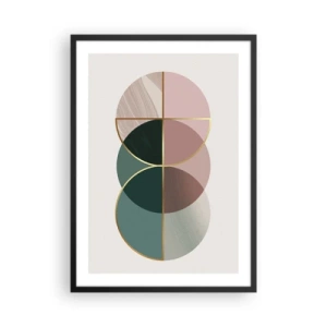 Plakat w czarnej ramie - Abstrakcyjna kompozycja geometryczna z okręgami i złotem - 50x70cm - Koło za kołem… - Nowoczesna dekoracja ścienna do salonu i sypialni ARTTOR