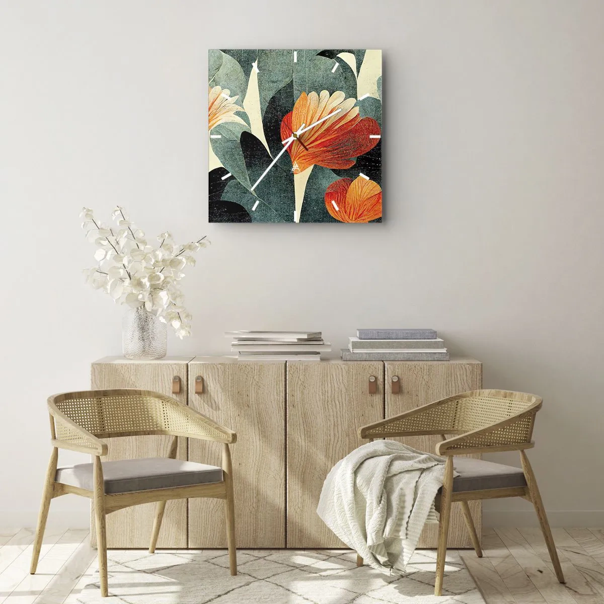 Zegar ścienny - Kwiaty w intensywnych odcieniach pomarańczu i zieleni - 30x30cm - Żar tropików i chłód zieleni - Nowoczesna dekoracja ścienna do salonu i sypialni ARTTOR