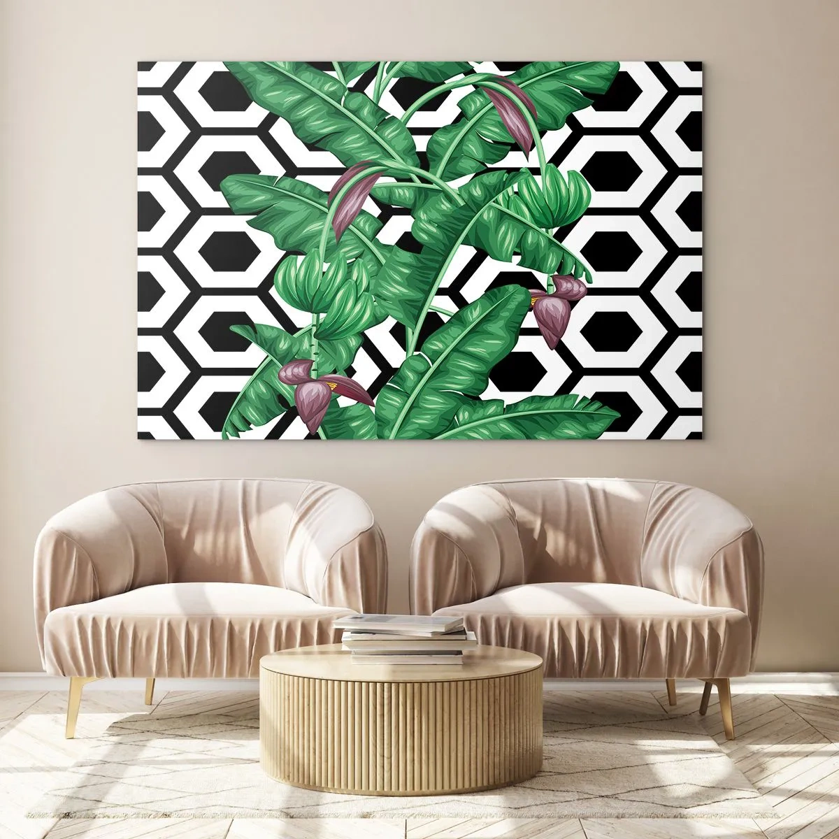 Obraz na szkle - Tropikalne liście i kwiaty na tle czarno-białych wzorów geometrycznych - 70x50cm - Kompozycja symetryczna z natury - Nowoczesna dekoracja ścienna do salonu i sypialni ARTTOR
