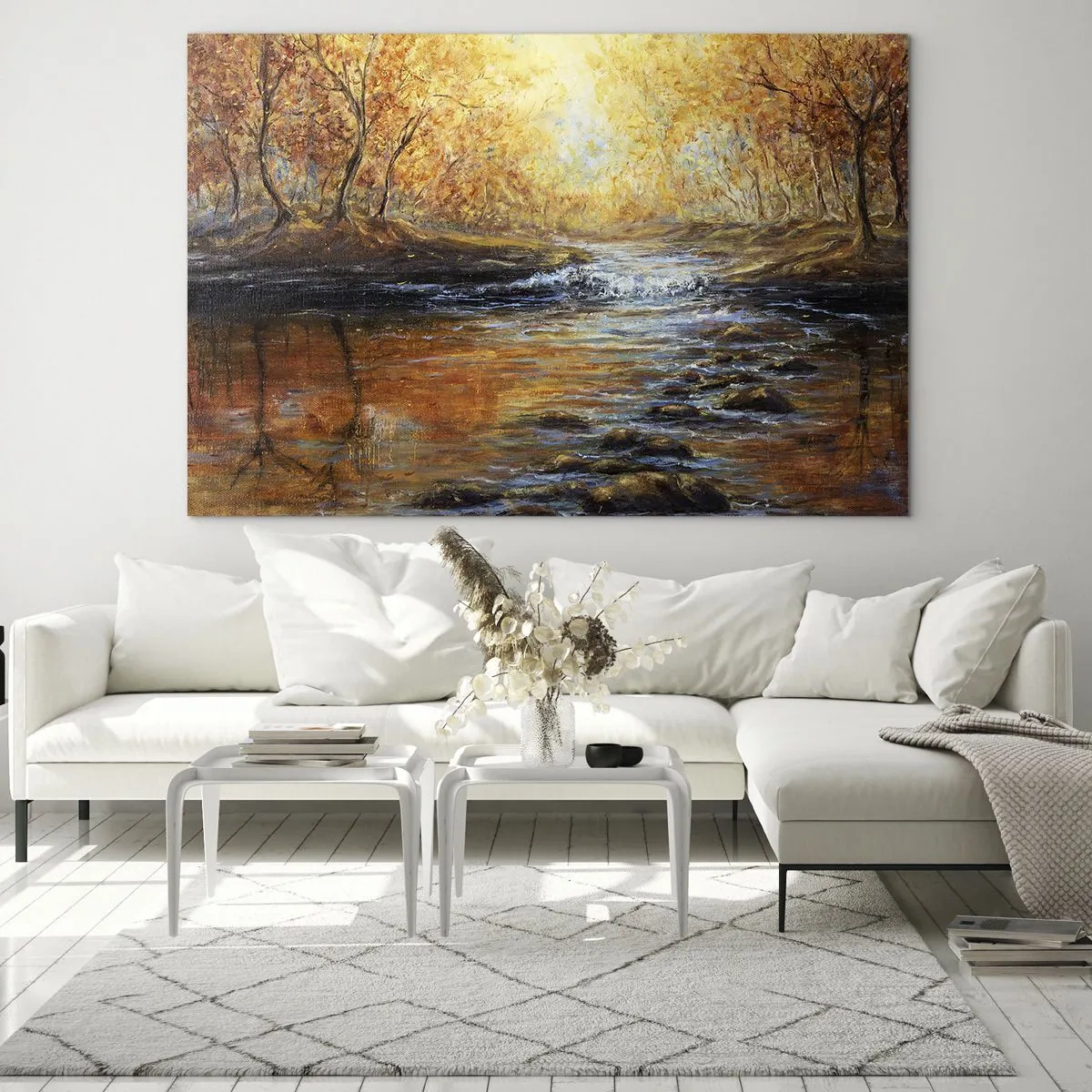 Obraz na szkle - Złoty potok w lesie otoczony jesiennymi drzewami - 70x50cm - Złoty potok - Nowoczesna dekoracja ścienna do salonu i sypialni ARTTOR