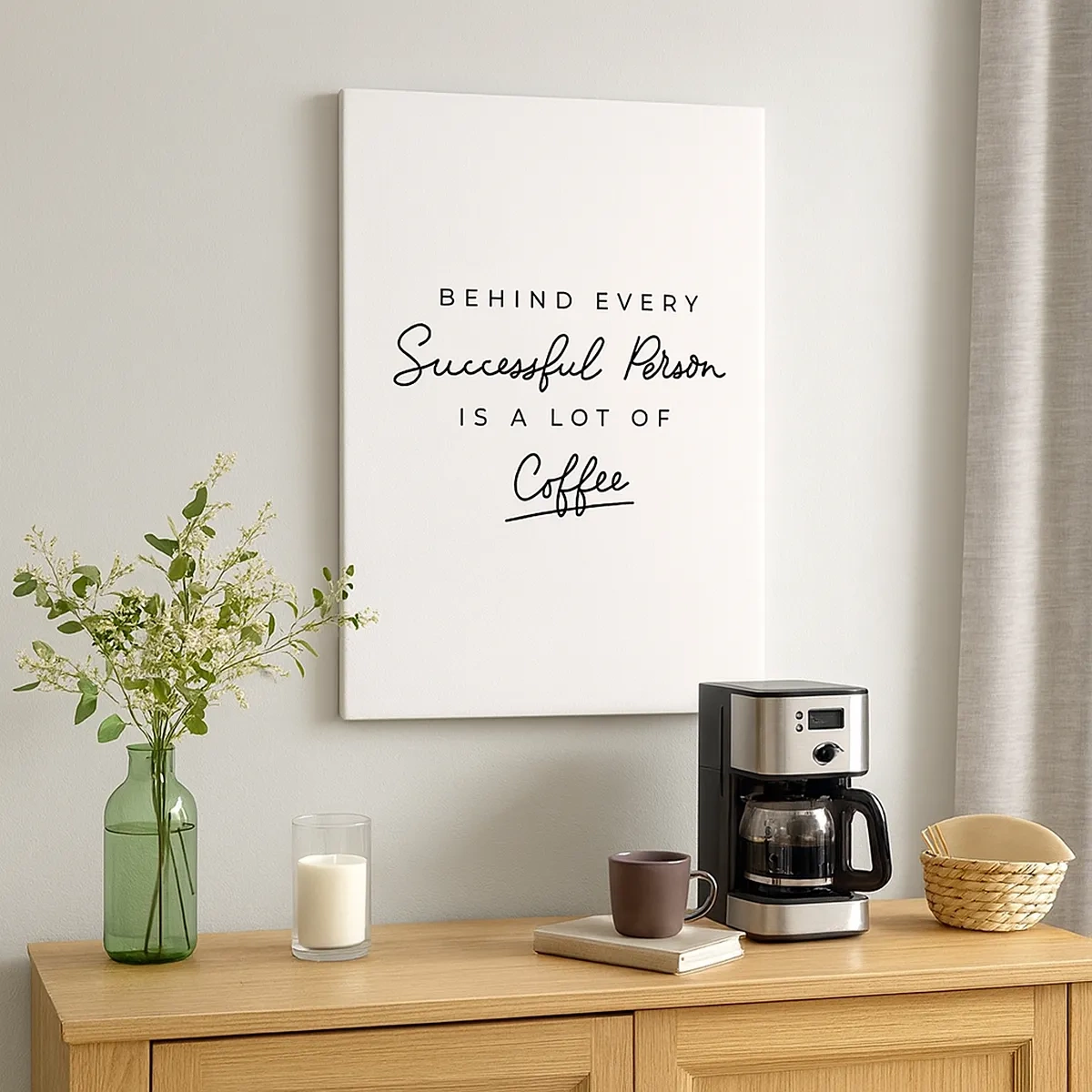 Obraz na płótnie - Cytat motywacyjny na białym tle: Behind every successful person is a lot of coffee - 50x70cm - Tajemnica sukcesu - Nowoczesna dekoracja ścienna do salonu, kuchni i sypialni ARTTOR