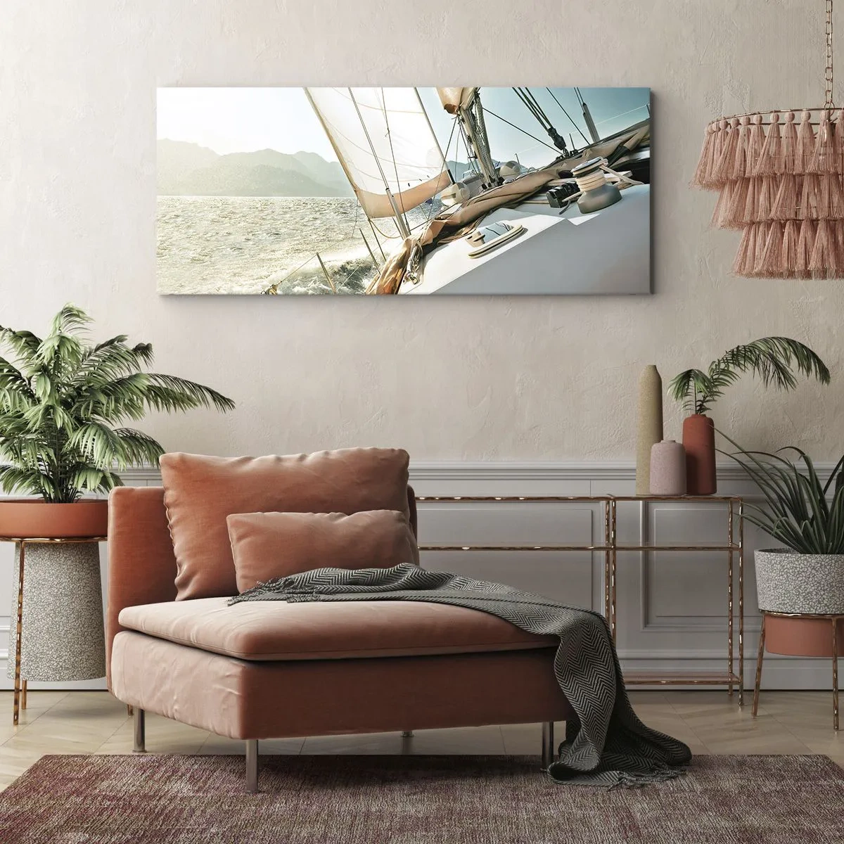 Obraz na płótnie - Jacht na otwartym morzu z widokiem na góry - 160x50cm - Pod pełnymi żaglami - Nowoczesna dekoracja ścienna do salonu i sypialni ARTTOR