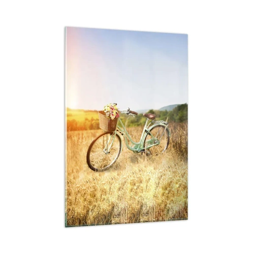 Obraz na szkle - Retro rower z koszykiem pełnym kwiatów na tle łąki - 80x120cm - Zostanę tu chwilę - Nowoczesna dekoracja ścienna do salonu i sypialni ARTTOR