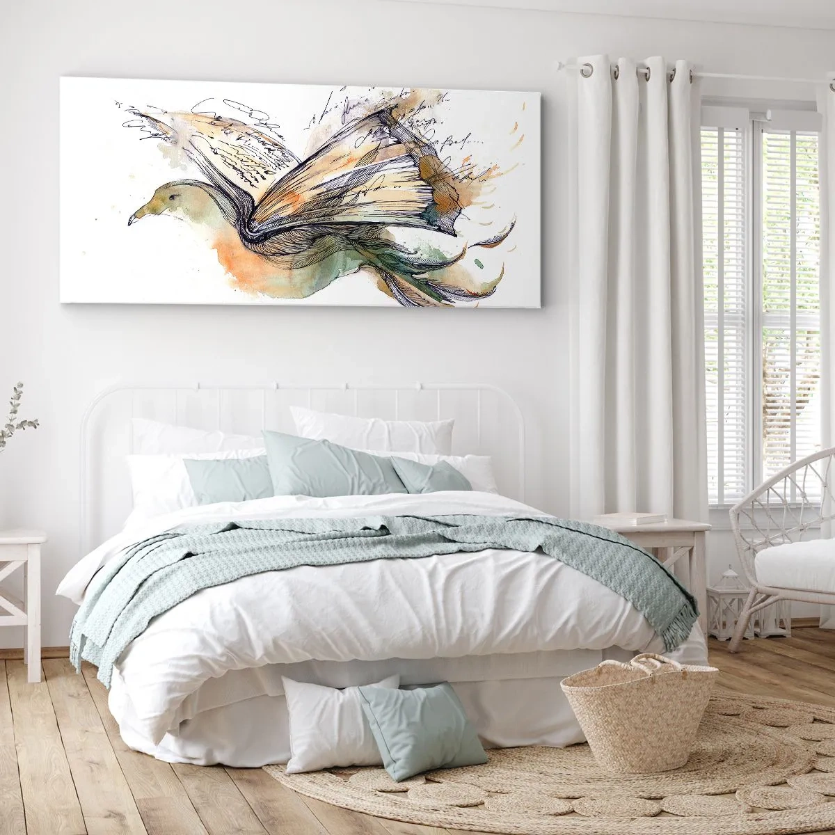 Obraz na płótnie - Artystyczna akwarela ptaka z książką jako skrzydłami - 120x50cm - Na skrzydłach poezji - Nowoczesna dekoracja ścienna do salonu i sypialni ARTTOR