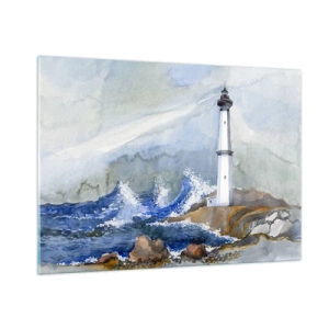 Obraz na szkle - Latarnia morska przy wzburzonym morzu w akwarelowym stylu - 100x70cm - Przeciwko ciemności i nawałnicy - Nowoczesna dekoracja ścienna do salonu, kuchni i sypialni ARTTOR