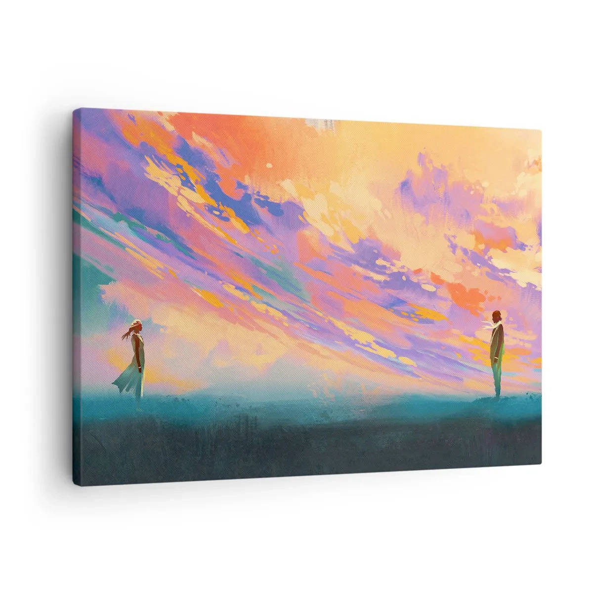 Obraz na płótnie - Dynamiczna scena z postaciami na tle kolorowego nieba o zachodzie słońca - 70x50cm - Siła przyciągania - Nowoczesna dekoracja ścienna do salonu i sypialni ARTTOR