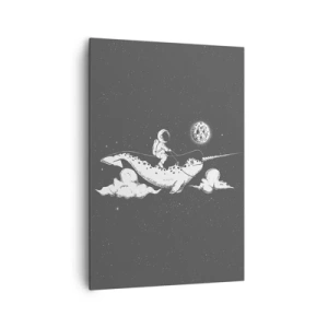 Obraz na płótnie - Astronauta na grzbiecie narwala unoszącego się w kosmicznej scenerii - 70x100cm - Kosmiczny jeździec - Nowoczesna dekoracja ścienna do salonu i sypialni ARTTOR