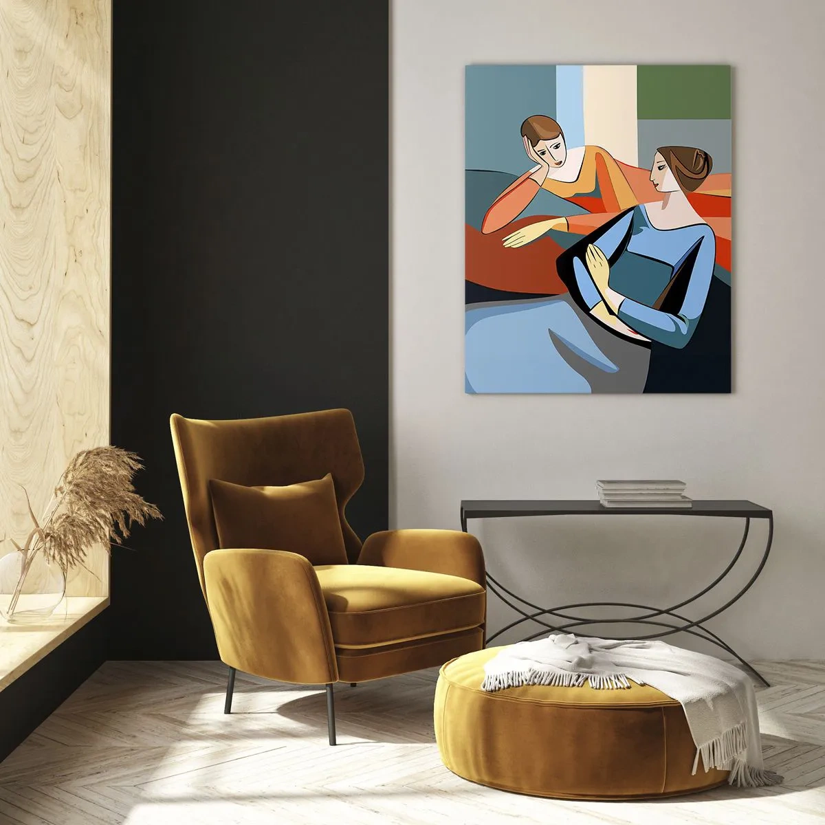 Obraz na szkle - Geometryczna scena rozmowy dwóch kobiet na tle wnętrza - 50x70cm - Chwila zwierzeń - Nowoczesna dekoracja ścienna do salonu, kuchni i sypialni ARTTOR