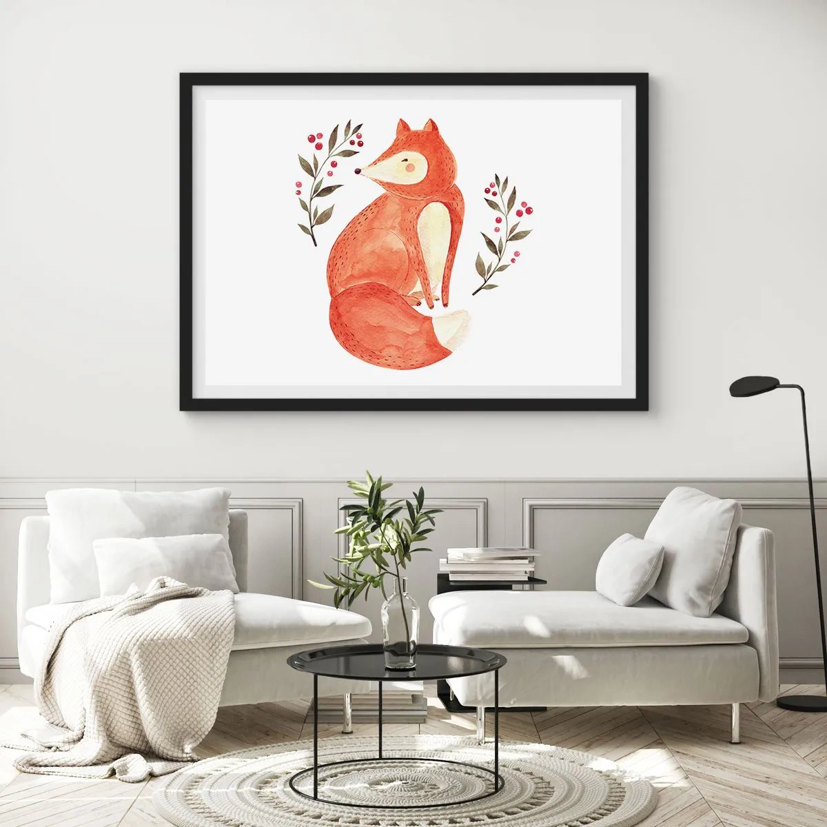 Plakat w czarnej ramie - Akwarelowy lis w otoczeniu gałązek z jagodami - 100x70cm - Mały rudzielec - Nowoczesna dekoracja ścienna do salonu i sypialni ARTTOR