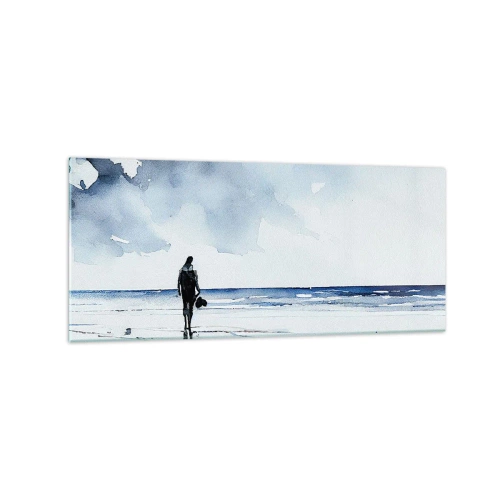 Obraz na szkle - Postać na plaży w spokojnym otoczeniu morza - 120x50cm - Rozmowa z morzem - Nowoczesna dekoracja ścienna do salonu i sypialni ARTTOR