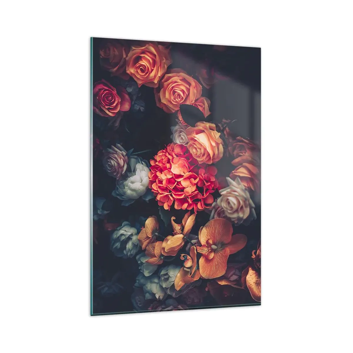 Obraz na szkle - Bukiet różnorodnych kwiatów w ciemnej tonacji - 80x120cm - Jak u holenderskich mistrzów - Nowoczesna dekoracja ścienna do salonu i sypialni ARTTOR
