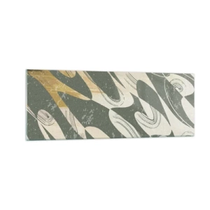 Obraz na szkle - Dynamiczne kształty w zielonych i złotych odcieniach - 140x50cm - Abstrakcja zrytmizowana - Nowoczesna dekoracja ścienna do salonu i sypialni ARTTOR