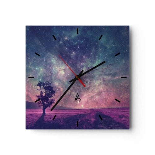 Zegar ścienny - Drzewo na tle gwiaździstego nieba w fioletowo-niebieskich barwach - 30x30cm - Pod magicznym niebem - Nowoczesna dekoracja ścienna do salonu i sypialni ARTTOR