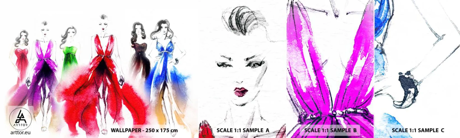 Fototapeta Próbka Samoprzylepna Deluxe Sticker - Nastroje na stroje - Pokaz Mody, Kobieta, Suknia - 100x30 cm