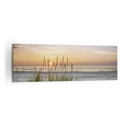 Obraz na płótnie - Piaszczysta plaża o zachodzie słońca z trawami w tle - 160x50cm - Popatrz, pomyśl, poczuj - Nowoczesna dekoracja ścienna do salonu i sypialni ARTTOR
