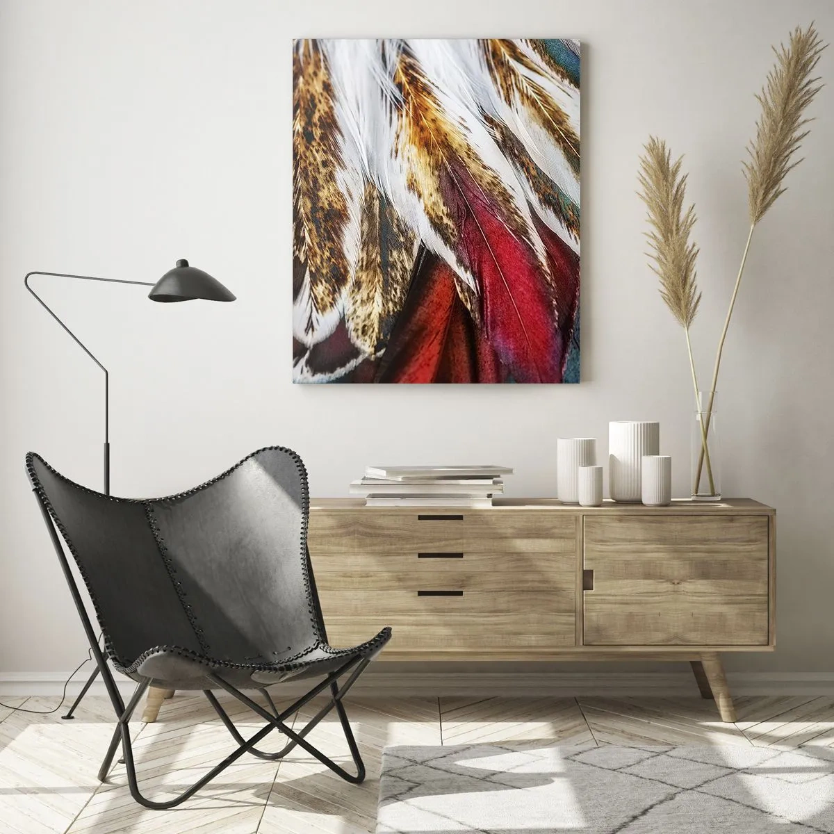 Obraz na szkle - Kolorowe pióra w bogatej palecie barw z wyraźną teksturą - 50x70cm - Tajemnice lotu - Nowoczesna dekoracja ścienna do salonu, kuchni i sypialni ARTTOR