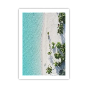 Plakat - Widok z lotu ptaka na tropikalną plażę z palmami i błękitnym morzem - 50x70cm - Wakacje w raju - Nowoczesna dekoracja ścienna do salonu, kuchni i sypialni ARTTOR