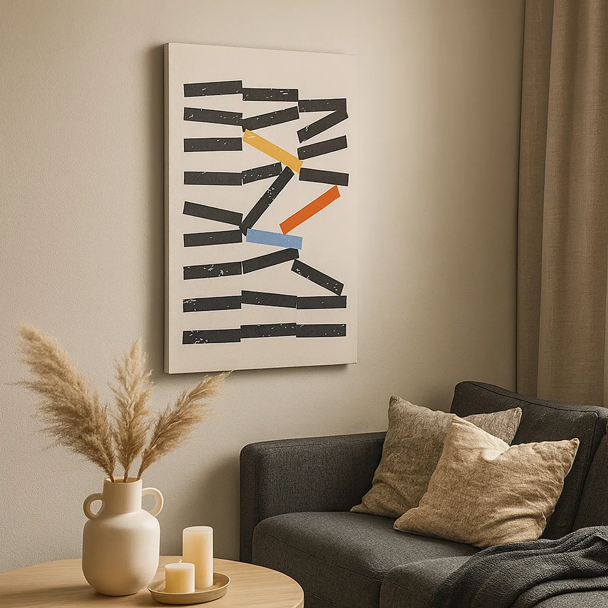 Obraz na płótnie - Abstrakcyjna kompozycja geometryczna z czarnymi i kolorowymi elementami - 50x70cm - Domino – kompozycja - Nowoczesna dekoracja ścienna do salonu, kuchni i sypialni ARTTOR
