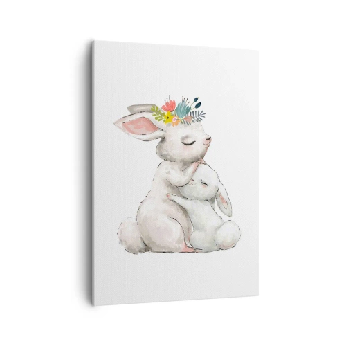 Obraz na płótnie - Dwa urocze króliki przytulające się, w stylu akwarelowym - 50x70cm - Nie ma jak u mamy - Nowoczesna dekoracja ścienna do salonu, kuchni i sypialni ARTTOR