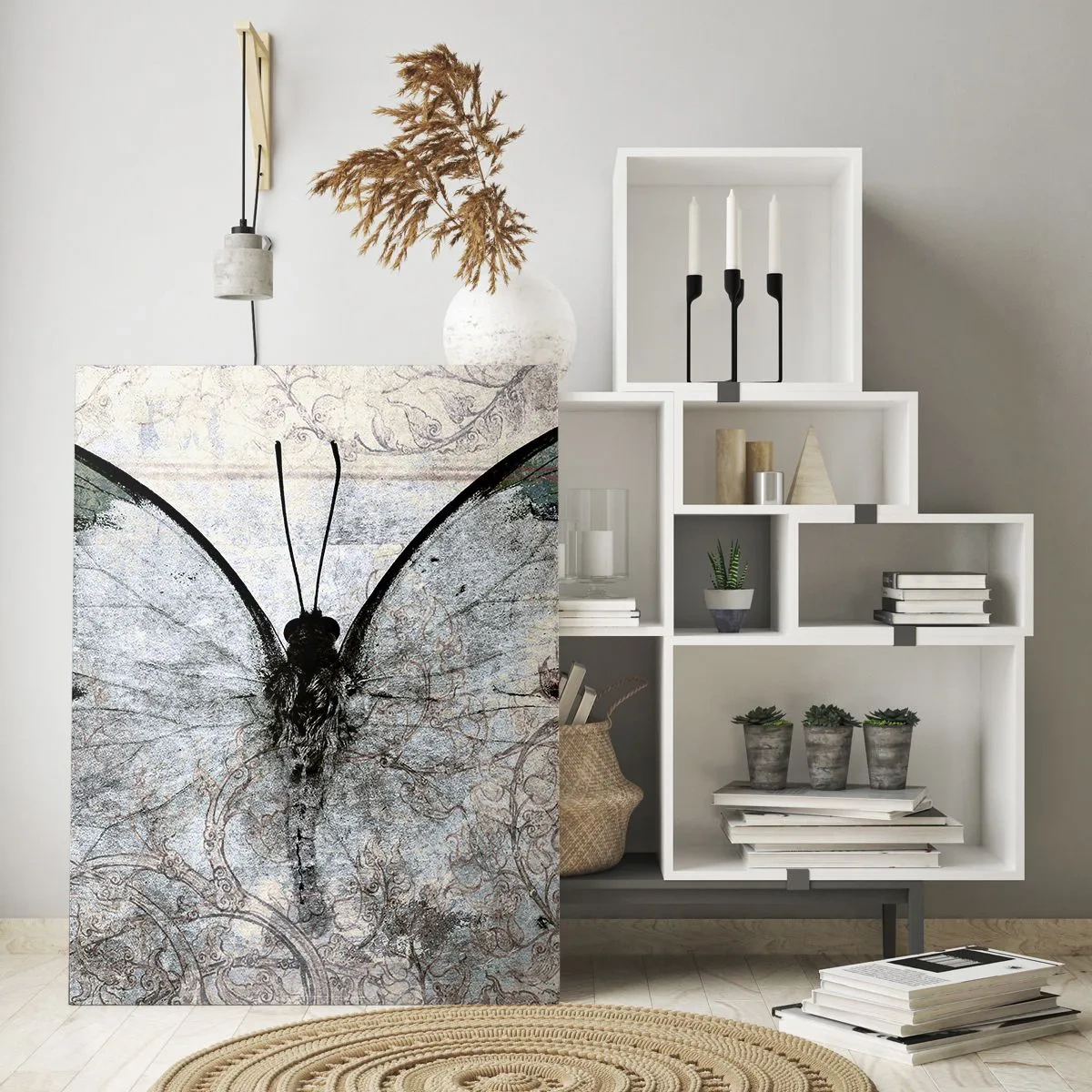 Obraz na szkle - Motyl w odcieniach zieleni i szarości na ozdobnym tle - 70x100cm - W secesyjnym stylu - Nowoczesna dekoracja ścienna do salonu i sypialni ARTTOR