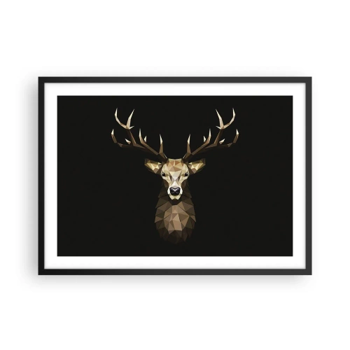 Plakat w czarnej ramie - Geometryczny jeleń z wielokątów na czarnym tle - 70x50cm - Kubistyczny jeleń - Nowoczesna dekoracja ścienna do salonu i sypialni ARTTOR