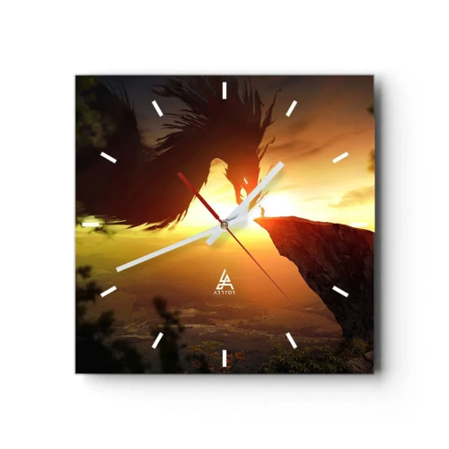 Zegar ścienny - Smok i człowiek na skale w blasku zachodzącego słońca - 30x30cm - Pogromca smoka - Nowoczesna dekoracja ścienna do salonu i sypialni ARTTOR