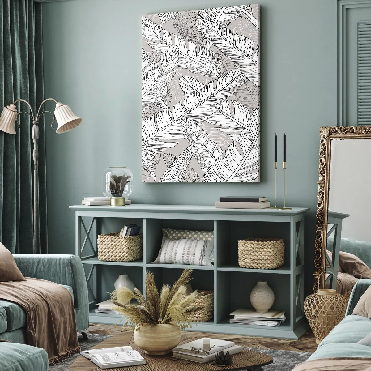 Obraz na płótnie - Czarno-białe liście na jasnym tle - 50x70cm - Pierzasta zawierucha - Nowoczesna dekoracja ścienna do salonu, kuchni i sypialni ARTTOR