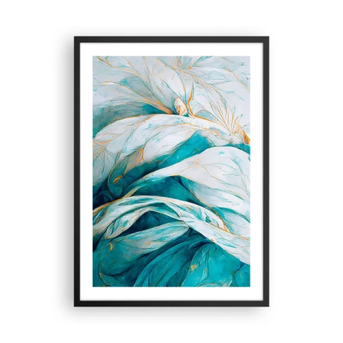 Plakat w czarnej ramie - Abstrakcyjne liście w odcieniach turkusu i bieli z delikatnym złotem - 50x70cm - Błękitna abstrakcja z motywem złota - Nowoczesna dekoracja ścienna do salonu i sypialni ARTTOR