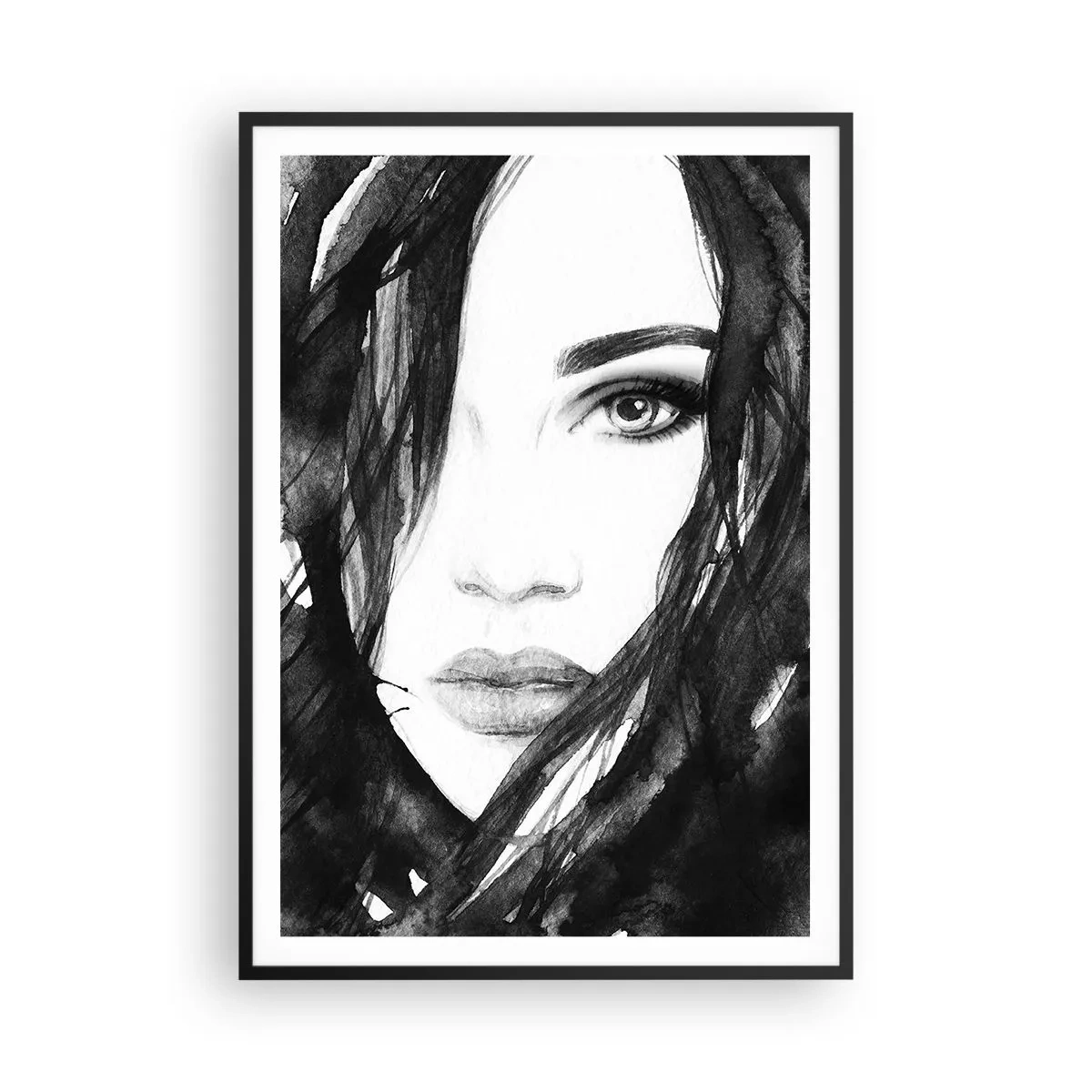 Plakat w czarnej ramie - Portret damy w czerni i bieli - 70x100 cm